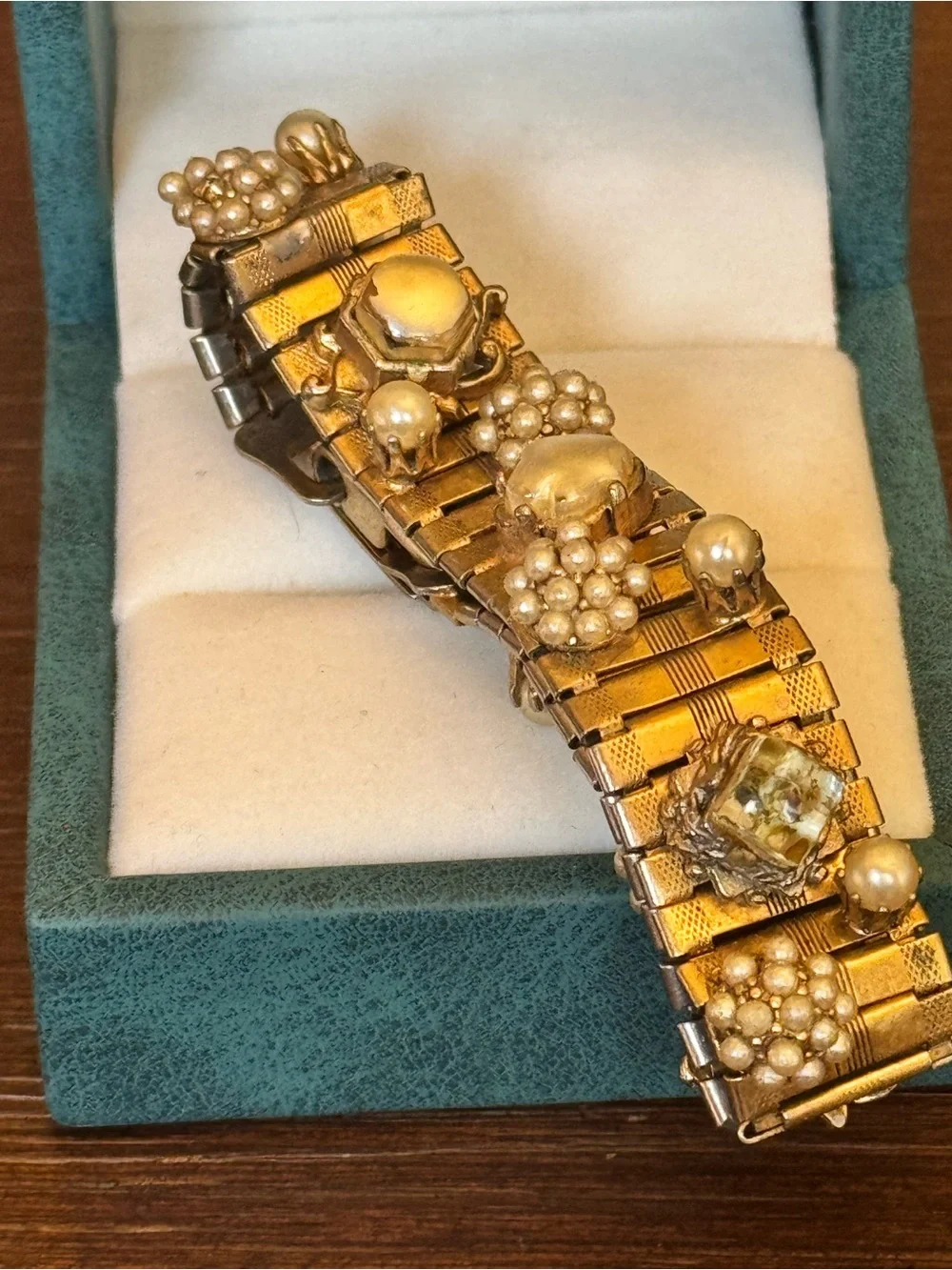 VTG 1950s Victorian Revival Gold Tone Faux Pearl Rhinestone Panel Bracelet 7”